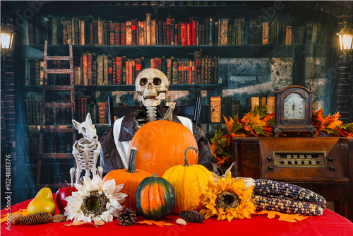 Skeleton smoking pipe in old library with dog skeleton and fall decorations including pumpkins and sunflowers