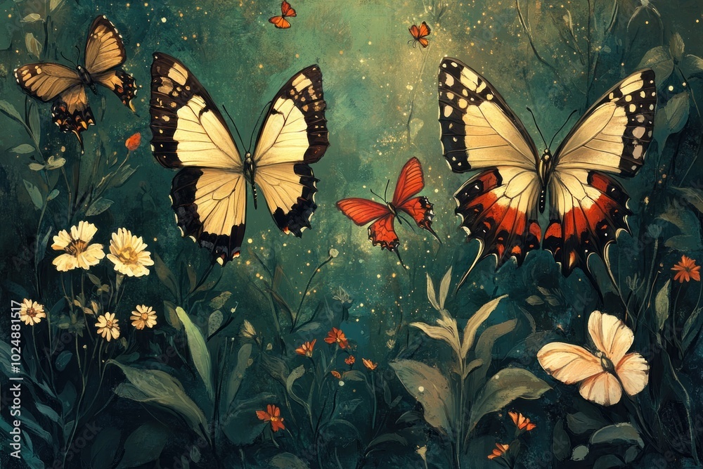 Five colorful butterflies with white, black, and red markings fly over a field of white and red flowers with a green, yellow, and brown background. Five colorful butterflies with white, black, and red markings fly over a field of white and red flowers with a green, yellow, and brown background.