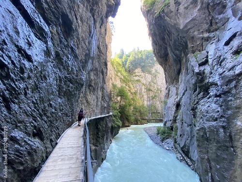 The Aare River Canyon or Aare Gorge in the Haslital Alpine Valley and in the Bernese Highlands - Meiringen, Switzerland (Aareschlucht im Haslital und im Berner Oberland - Schweiz) photo