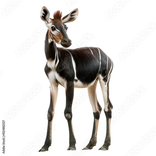 Elegant okapi with its striped legs and large ears, blending into its forest habitat. isolated on transparency background photo