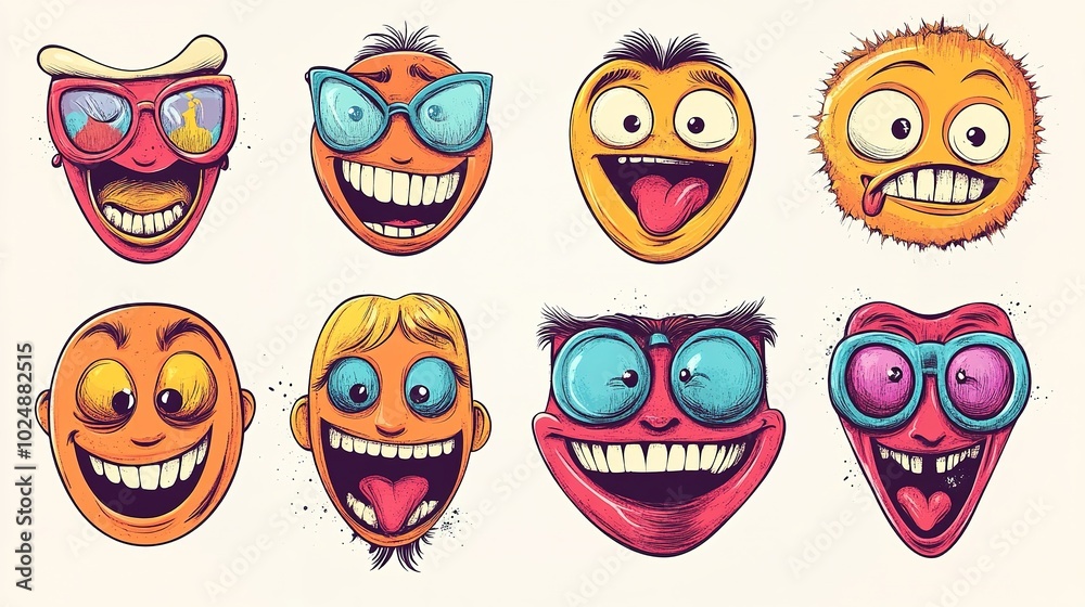 Set of 70s groovy comic faces vector. Collection of cartoon character faces Set of 70s groovy comic faces vector. Collection of cartoon character faces