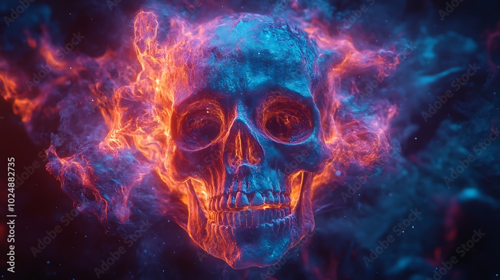 A skull with multiple floating eyes and twisted teeth, surrounded by surreal abstract shapes and melting forms. The colors—neon orange, blue, and purple—glow intensely against the dark background, A skull with multiple floating eyes and twisted teeth, surrounded by surreal abstract shapes and melting forms. The colors—neon orange, blue, and purple—glow intensely against the dark background,