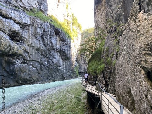 The Aare River Canyon or Aare Gorge in the Haslital Alpine Valley and in the Bernese Highlands - Meiringen, Switzerland (Aareschlucht im Haslital und im Berner Oberland - Schweiz) photo