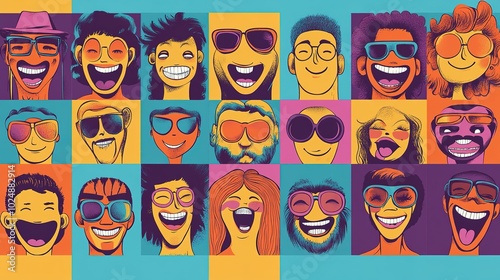 Set of 70s groovy comic faces vector. Collection of cartoon character faces