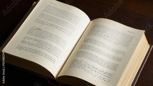 Open books with handwritten notes.A vintage-style open book with handwritten text illuminated by warm light, suggesting a personal journal or manuscript, creating an intellectual, timeless atmosphere.