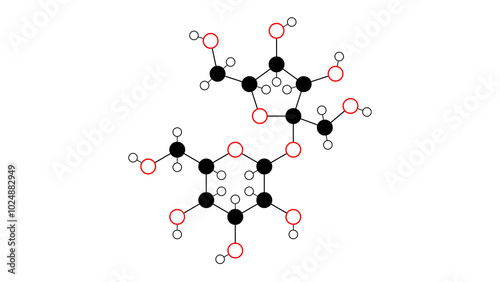 sucrose molecule, structural chemical formula, ball-and-stick model, isolated image disaccharide