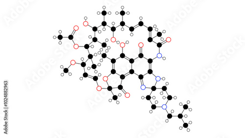 rifabutin molecule, structural chemical formula, ball-and-stick model, isolated image antibiotic photo