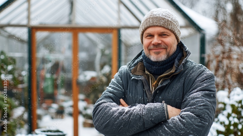 Man wearing a hat and a jacket is standing in a greenhouse. He is smiling and he is enjoying the cold weather. Greenhouse with an frame, polycarbonate sheets, as found in small gardens, in winter Man wearing a hat and a jacket is standing in a greenhouse. He is smiling and he is enjoying the cold weather. Greenhouse with an frame, polycarbonate sheets, as found in small gardens, in winter
