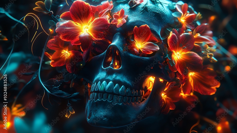 Obraz premium A skull with vibrant flowers growing from its eyes and mouth, with neon petals in bright shades of red, teal, and yellow. Graffiti vines twist and wrap around the skull, creating a dynamic,