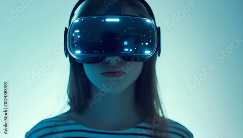 Young Girl Experiencing Virtual Reality with a VR Headset in a Minimalistic White Setting, Representing Future Technology and Immersive Experiences