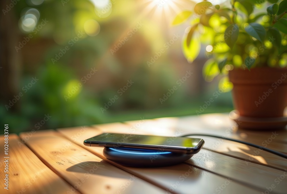 Wireless garden charging. Smartphone charging wirelessly on a wooden table in a sunny garden.