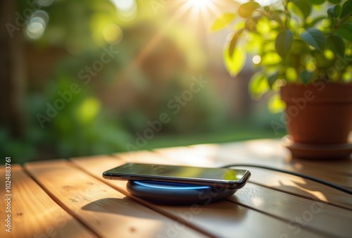 Obraz na płótnie Wireless garden charging. Smartphone charging wirelessly on a wooden table in a sunny garden. w salonie
