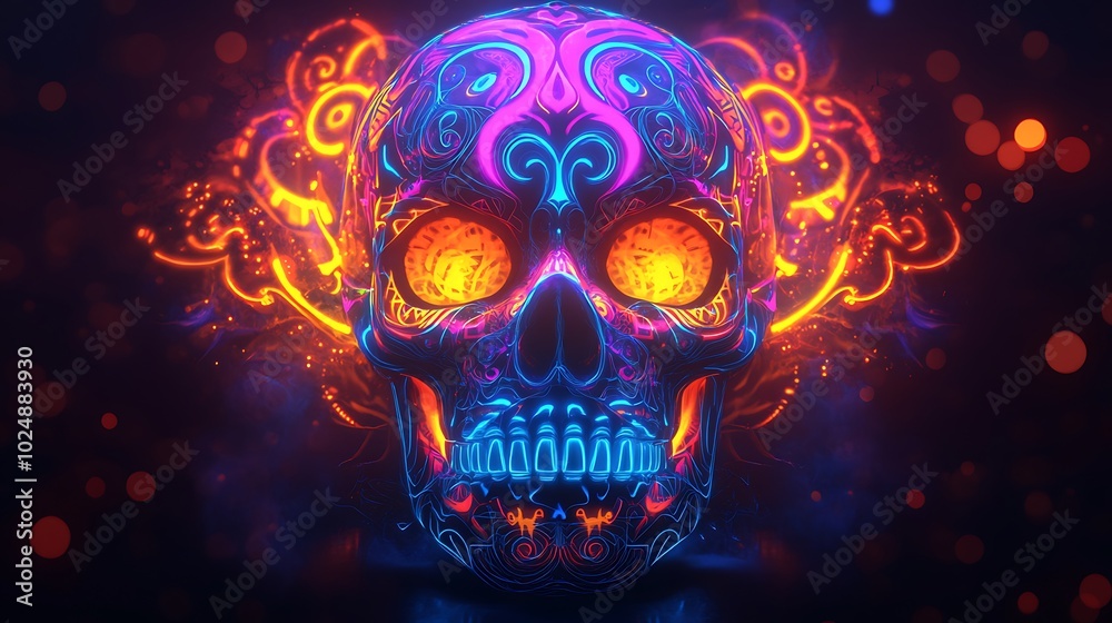 A skull wrapped in intricate tribal patterns, each line glowing in vibrant hues like neon blue, orange, and pink. The abstract designs feature geometric shapes and swirling lines, A skull wrapped in intricate tribal patterns, each line glowing in vibrant hues like neon blue, orange, and pink. The abstract designs feature geometric shapes and swirling lines,