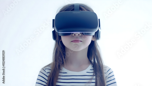 Young Girl Experiencing Virtual Reality with a VR Headset in a Minimalistic White Setting, Representing Future Technology and Immersive Experiences