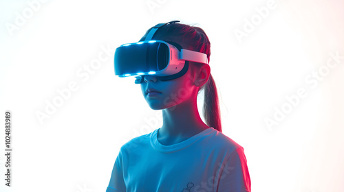 Young Girl Experiencing Virtual Reality with a VR Headset in a Minimalistic White Setting, Representing Future Technology and Immersive Experiences