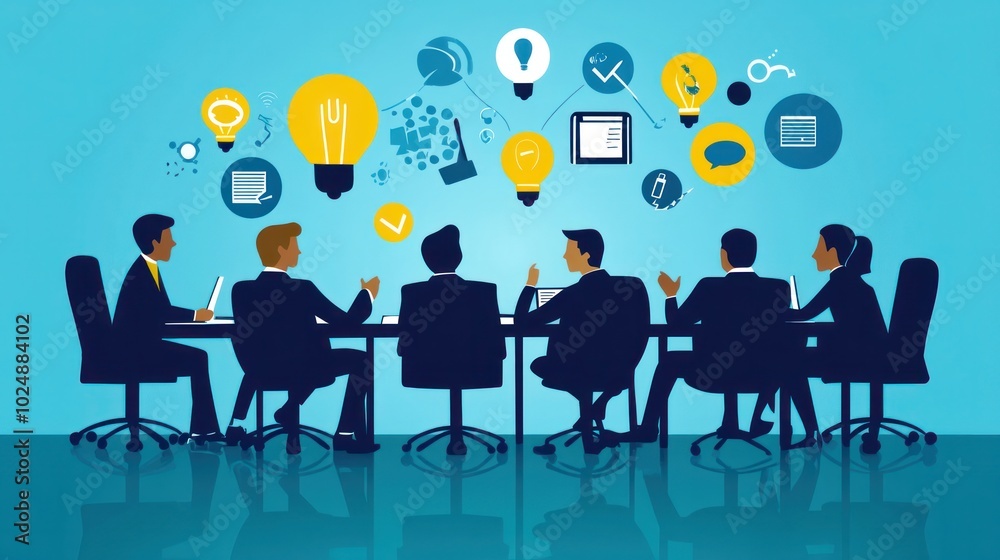 Team discussion in office vector design, with characters brainstorming and sharing ideas around a meeting table Team discussion in office vector design, with characters brainstorming and sharing ideas around a meeting table