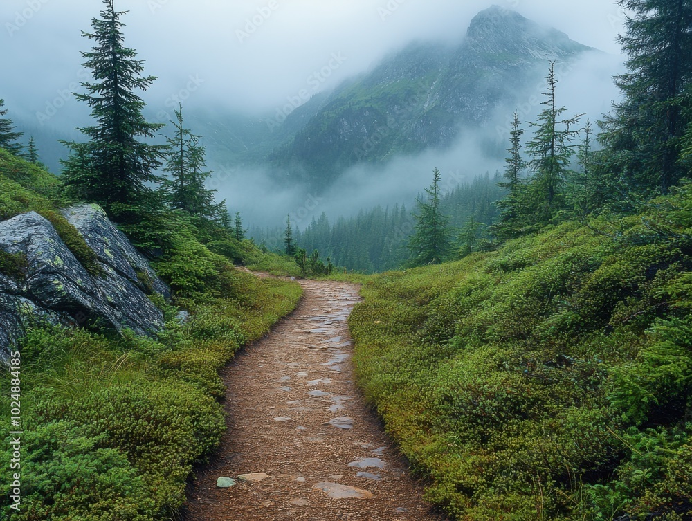 Obraz premium Path going through a forest with a mountain in the background