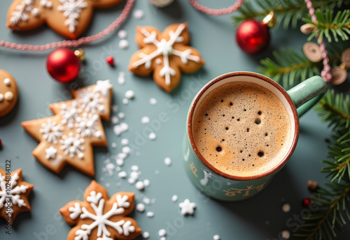 Christmas background, gingerbread cookies coffee cup spruce branches snow balls, top view