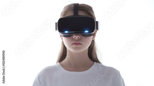 Young Girl Experiencing Virtual Reality with a VR Headset in a Minimalistic White Setting, Representing Future Technology and Immersive Experiences