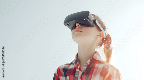 Young Girl Experiencing Virtual Reality with a VR Headset in a Minimalistic White Setting, Representing Future Technology and Immersive Experiences