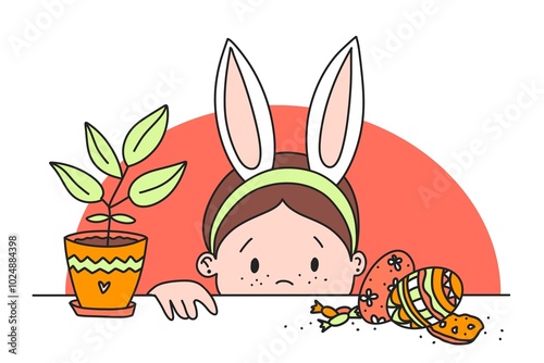 Happy Easter line art illustration. Girl wears Easter rabbit ears. Easter eggs krashanka and pysanka illustration. photo