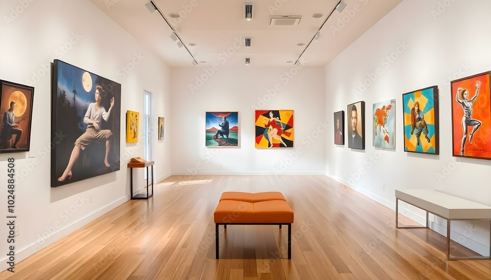 Art gallery with colorful abstract paintings hanging on the walls