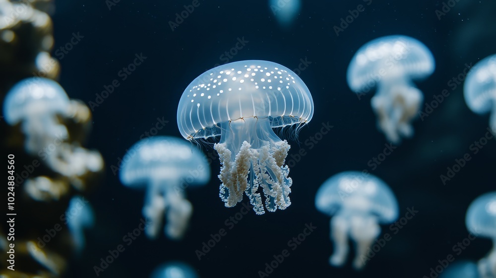 Group of translucent jellyfish, with spotted bells and long tentacles, swims in dark blue water. Group of translucent jellyfish, with spotted bells and long tentacles, swims in dark blue water.