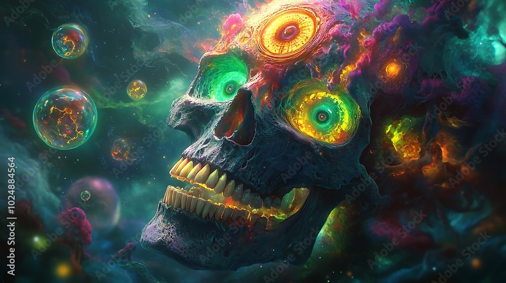 A surrealist skull with multiple floating eyes orbiting around it, each eye glowing with vibrant colors like green, yellow, and blue. The skull’s teeth are twisted into impossible forms,