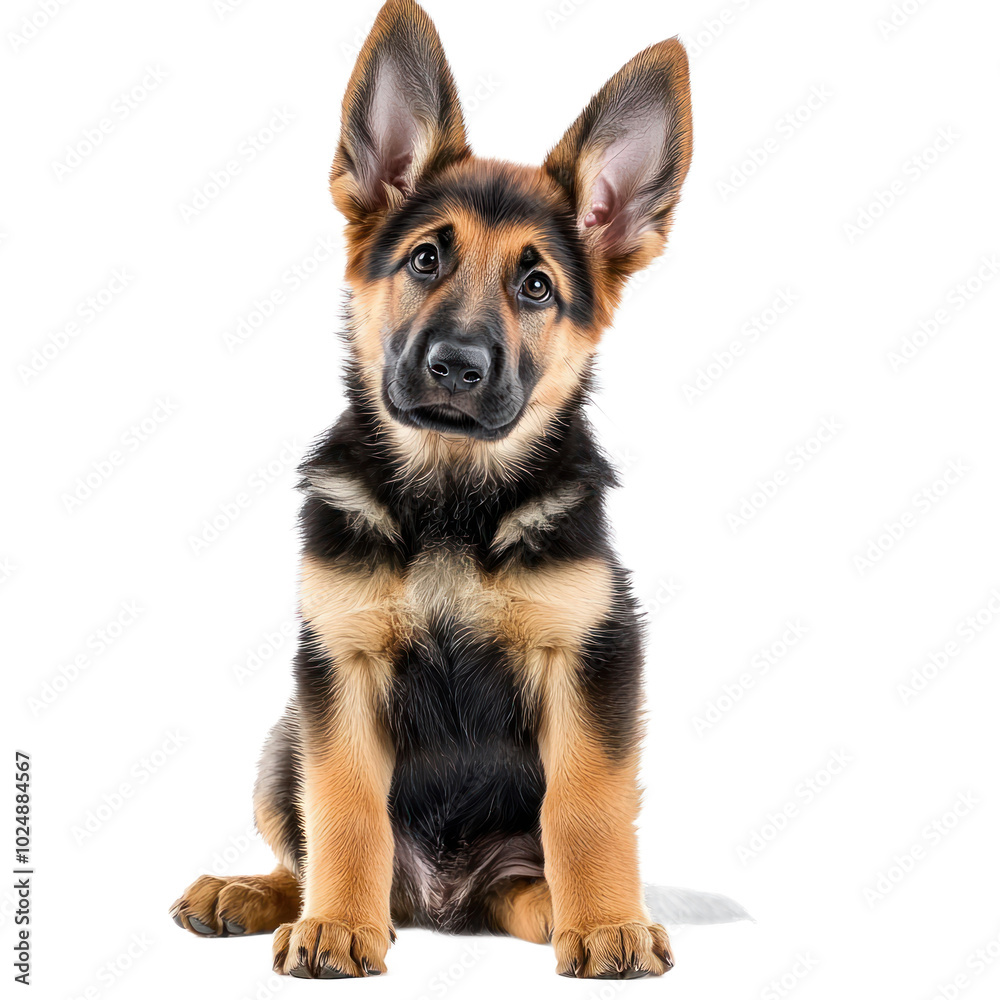 German Shepherd puppy with large ears and a playful stance. isolated on transparency background