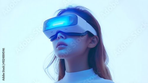 Young Girl Experiencing Virtual Reality with a VR Headset in a Minimalistic White Setting, Representing Future Technology and Immersive Experiences
