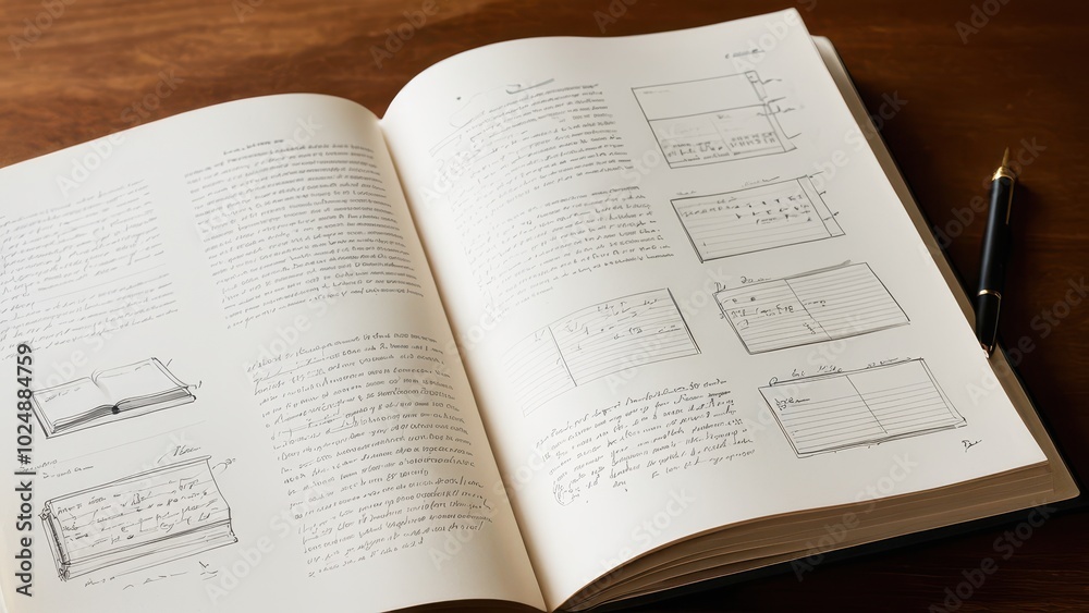 Open books with handwritten notes. An open book with handwritten notes, sketches, and diagrams reflecting a creative process, possibly related to book design. The scene evokes craftsmanship. Open books with handwritten notes. An open book with handwritten notes, sketches, and diagrams reflecting a creative process, possibly related to book design. The scene evokes craftsmanship.