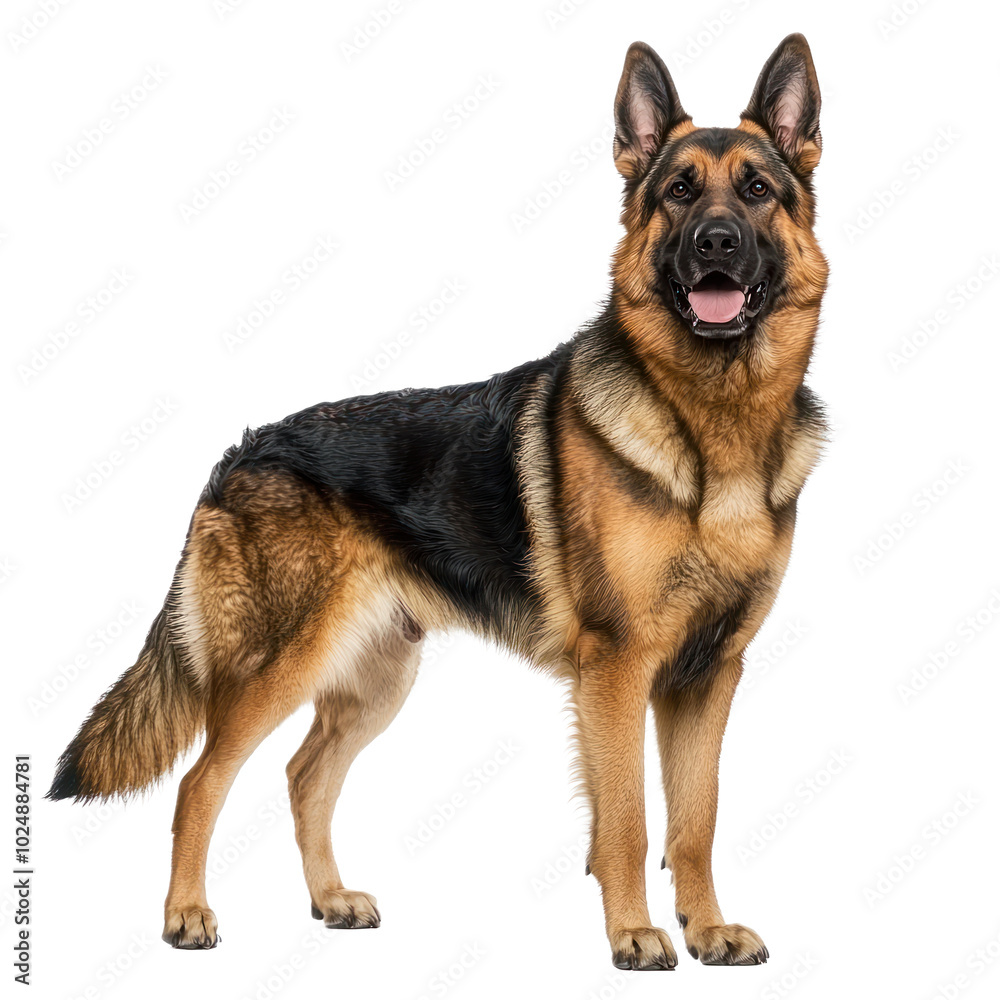 German Shepherd standing in a proud pose, showcasing its strong build and alert demeanor. isolated on transparency background German Shepherd standing in a proud pose, showcasing its strong build and alert demeanor. isolated on transparency background