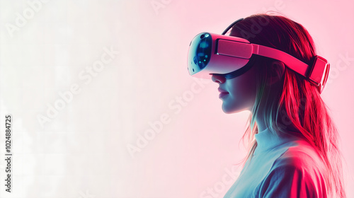 Young Girl Experiencing Virtual Reality with a VR Headset in a Minimalistic White Setting, Representing Future Technology and Immersive Experiences