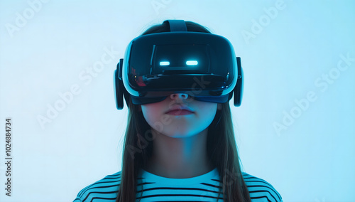 Young Girl Experiencing Virtual Reality with a VR Headset in a Minimalistic White Setting, Representing Future Technology and Immersive Experiences