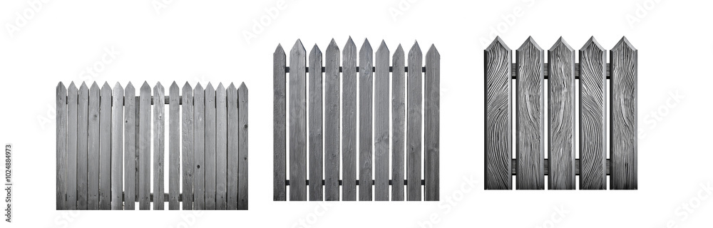Three sections of a wooden fence with pointed top rails against a white background.