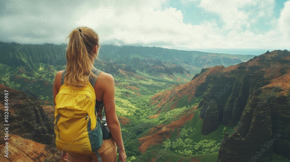 Obraz premium Woman Hiking Through a Lush Green Mountain Valley
