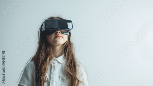 Young Girl Experiencing Virtual Reality with a VR Headset in a Minimalistic White Setting, Representing Future Technology and Immersive Experiences