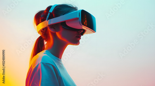 Young Girl Experiencing Virtual Reality with a VR Headset in a Minimalistic White Setting, Representing Future Technology and Immersive Experiences