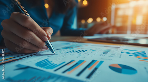 Close-up of Hands Analyzing Financial Data on Paper with a Pen, Representing Business Analysis, Financial Reports, and Decision Making.