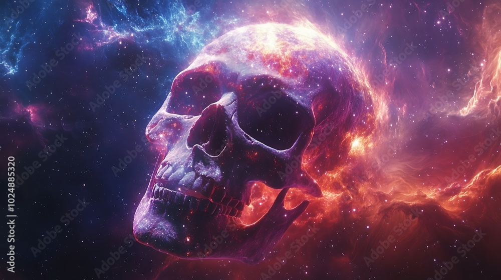 A cosmic skull emerging from a swirling vortex of galaxies and cosmic dust, glowing with ethereal light. The skull is surrounded by abstract star formations, with colors like deep blue, purple, A cosmic skull emerging from a swirling vortex of galaxies and cosmic dust, glowing with ethereal light. The skull is surrounded by abstract star formations, with colors like deep blue, purple,
