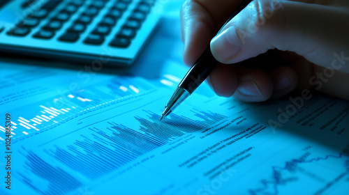 Close-up of Hands Analyzing Financial Data on Paper with a Pen, Representing Business Analysis, Financial Reports, and Decision Making.