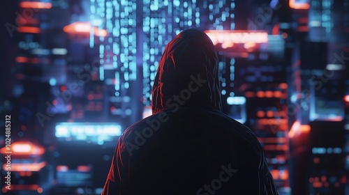 A figure in a hooded jacket stands before a futuristic cityscape illuminated by neon lights.