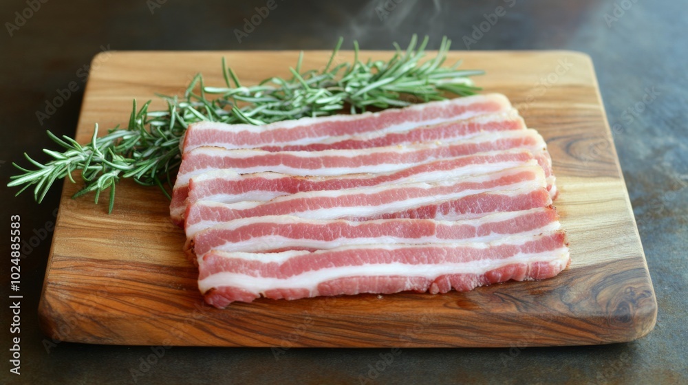 Fresh Bacon Slices on Wooden Cutting Board Fresh Bacon Slices on Wooden Cutting Board