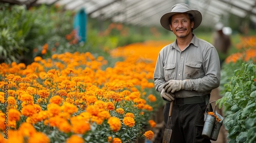 Man wearing a hat is standing in a greenhouse. He is holding a gardening tool. dedicated flower farm worker standing confidently in vibrant greenhouse filled with rows of blooming orange flowers.