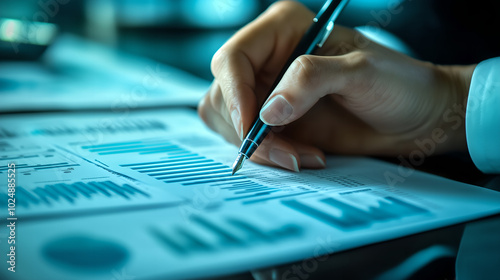 Close-up of Hands Analyzing Financial Data on Paper with a Pen, Representing Business Analysis, Financial Reports, and Decision Making.