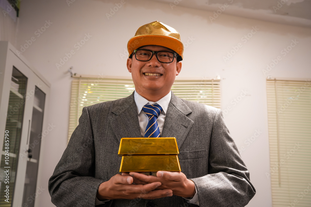 Businessman doing online gold transactions emphasizes the convenience of investing in digital gold. Businessman holds shiny gold bars in office, symbolizing wealth and investment opportunities. Businessman doing online gold transactions emphasizes the convenience of investing in digital gold. Businessman holds shiny gold bars in office, symbolizing wealth and investment opportunities.