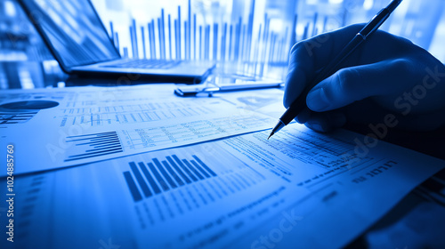 Close-up of Hands Analyzing Financial Data on Paper with a Pen, Representing Business Analysis, Financial Reports, and Decision Making.