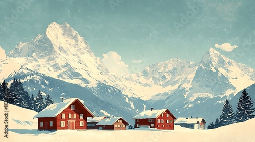 Wallpaper Mural A classic travel poster for the Swiss Alps, featuring snowy mountain peaks and a cozy village below, soft blues and whites with pops of red for the chalets, clean retro design with bold typography, Torontodigital.ca