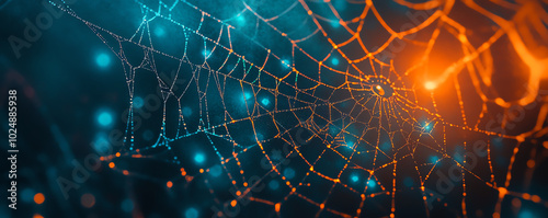 futuristic halloween night with glowing spider webs and orange-blue shadows, top view, balanced eerie and modern scene, technology tone, Tetradic color scheme