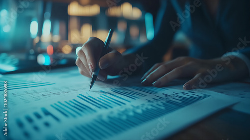 Close-up of Hands Analyzing Financial Data on Paper with a Pen, Representing Business Analysis, Financial Reports, and Decision Making.